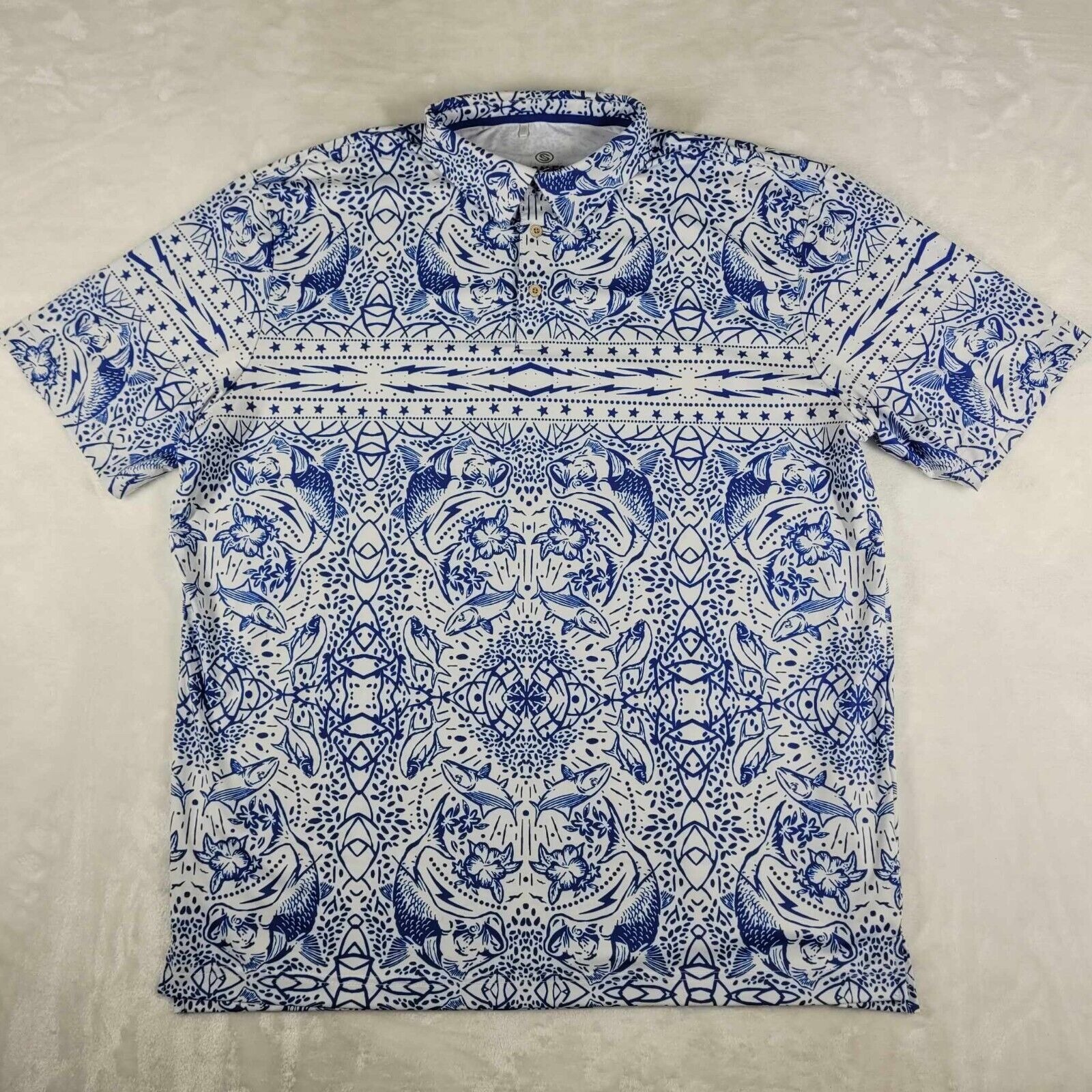 Scales Polo Shirt Men's Xl Blue White Performance Fish Floral Golf Geometric